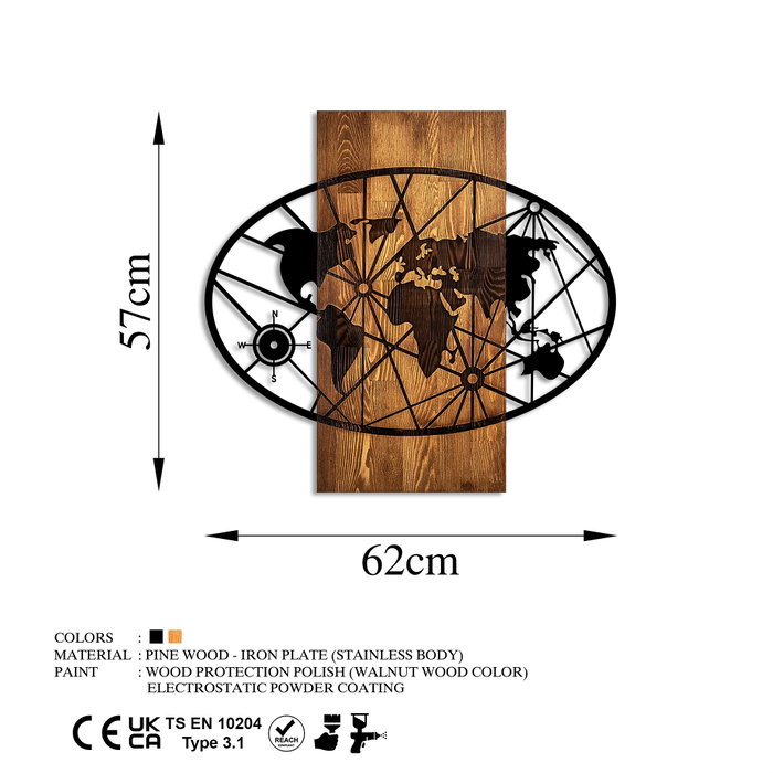 Wallity World Map 4-M Escultura de Pared en Nogal y Negro